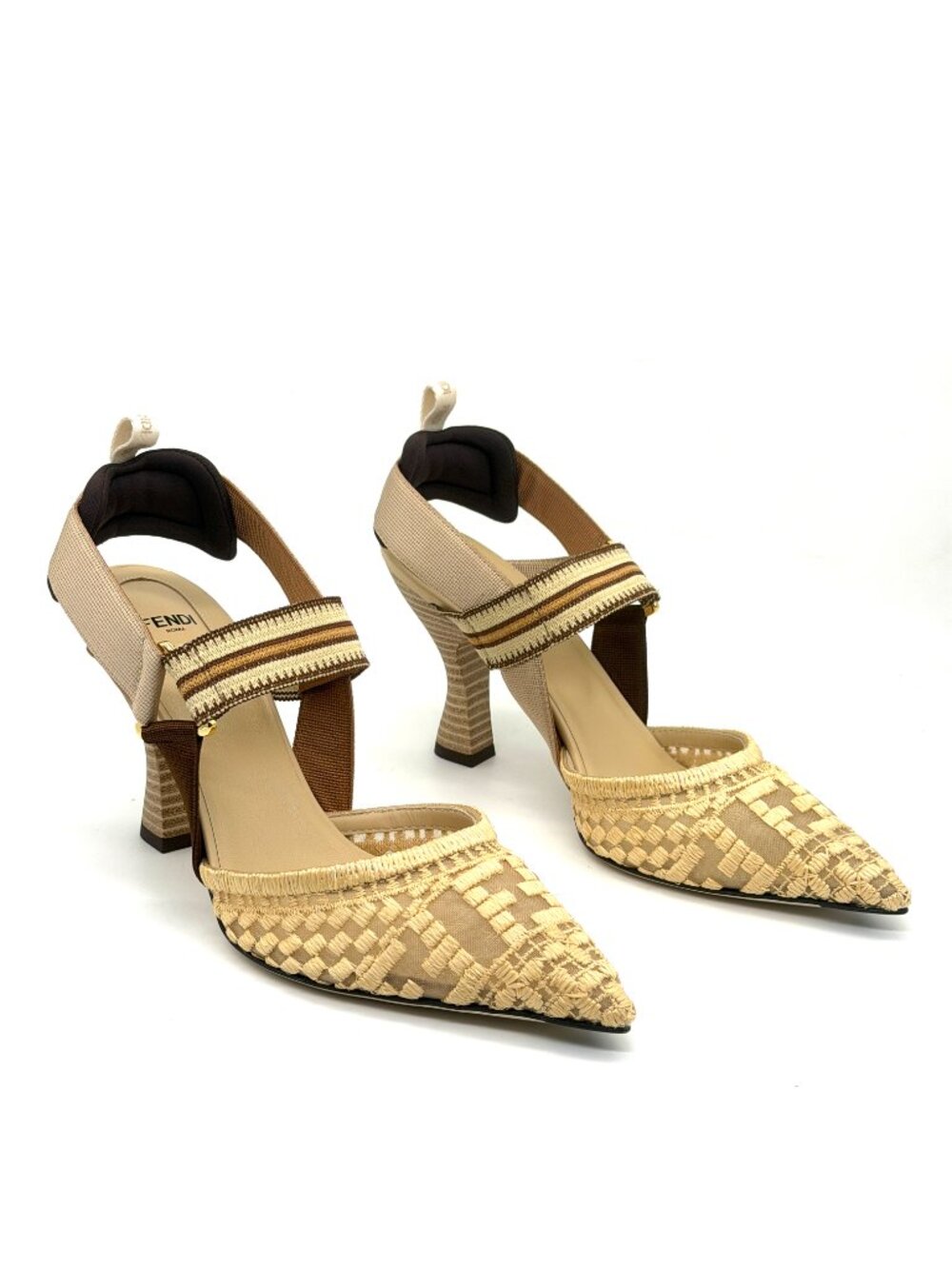 FENDI Colibri 85 Mesh Raffia Sporty FF Logo Slingback Heels Pumps Sandals - Picture 8 of 16
